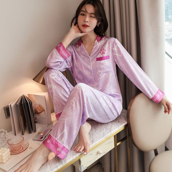 

spring autumn printed sleepwear suit rayon silk pajamas women pyjama set 2pcs long sleeve shirt pant homewear nightwear, Black;red