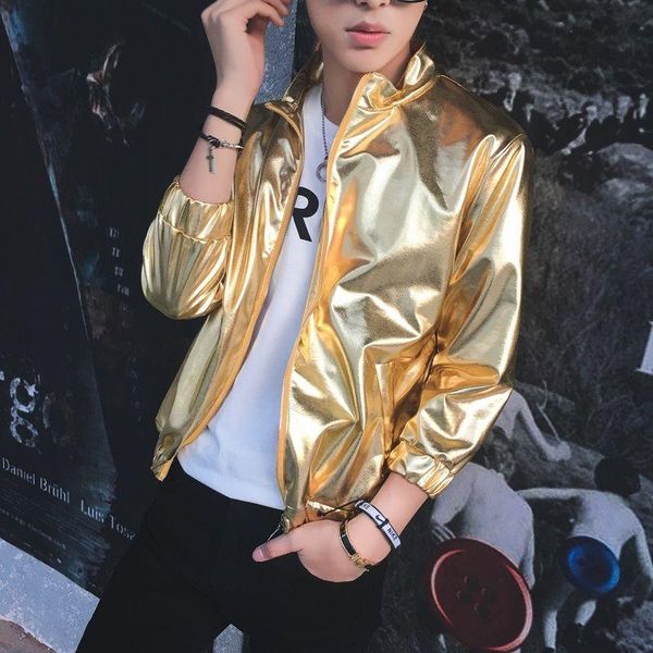 

men's jackets spring and autumn pu leather gold bright face stand collar three-quarter sleeves sun protection jacket thin, Black;brown