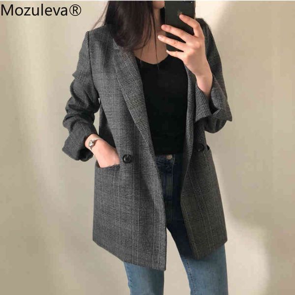 

vintage bouble breasted plaid women blazer thicken spring autumn jackets female suits coat work 210427, White;black