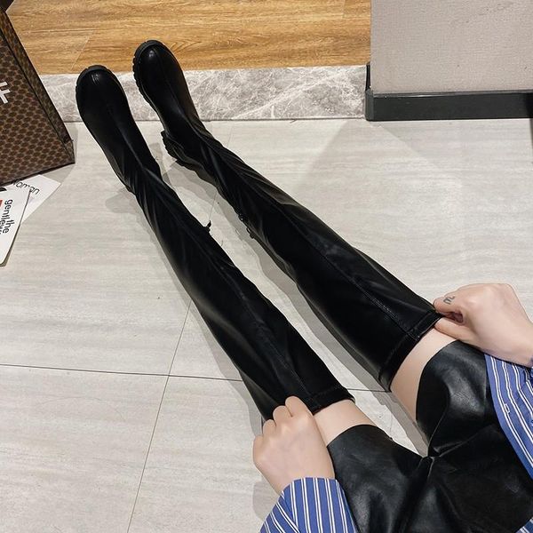 

boots autumn elastic high tube side zipper round toe heels over knee women shoes winter classic long thigh, Black