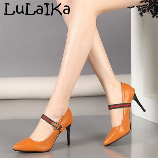 Lulaika outono europa e américa senhoras moda orta cor apontou fivela confortável casual sapatos de salto alto 6-8cm 211123
