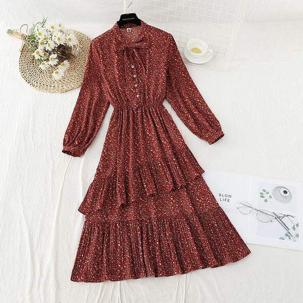 

elegant female floral spring 2021 irregular ruffled french retro chiffon long dress zh195 9tcm, Black;gray