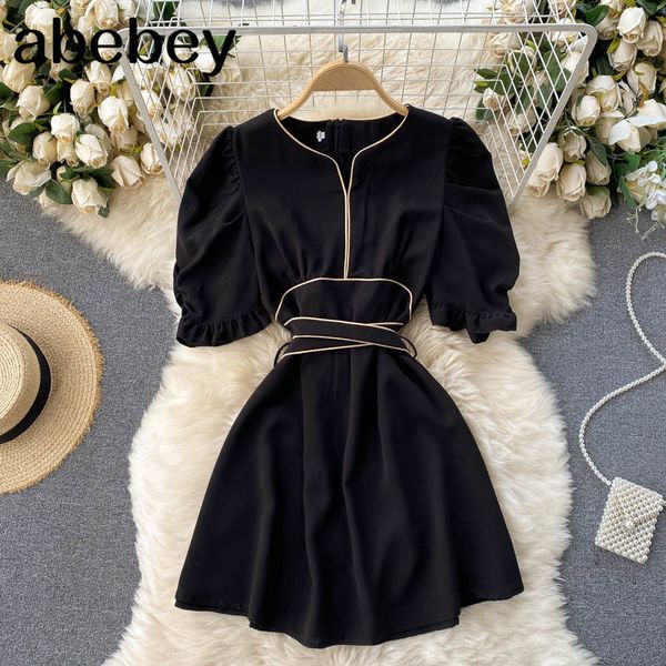 

women chic embroidery dress french retro puff sleeve v neck a-line es summer casual elegant vacation midi 210512, Black;gray