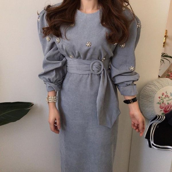 

casual dresses yamdi korean 2021 spring summer long sleeve dress women high waist belt sashes midi female puff o neck pencil, Black;gray