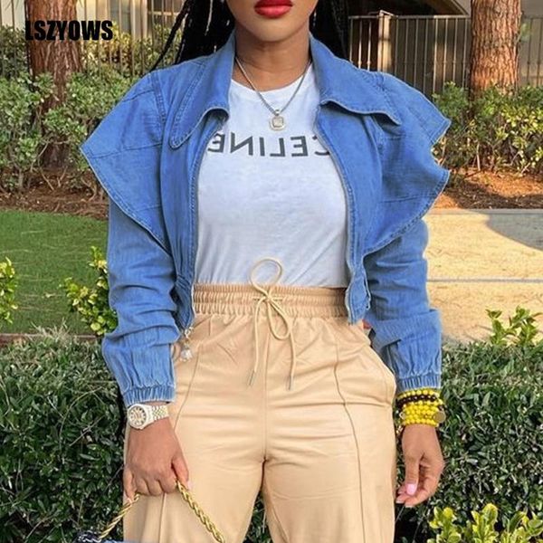 

women's jackets denim fashion women zipper up long sleeve ruffle jean jacket turn down collar female vintage short coat casual outerwea, Black;brown