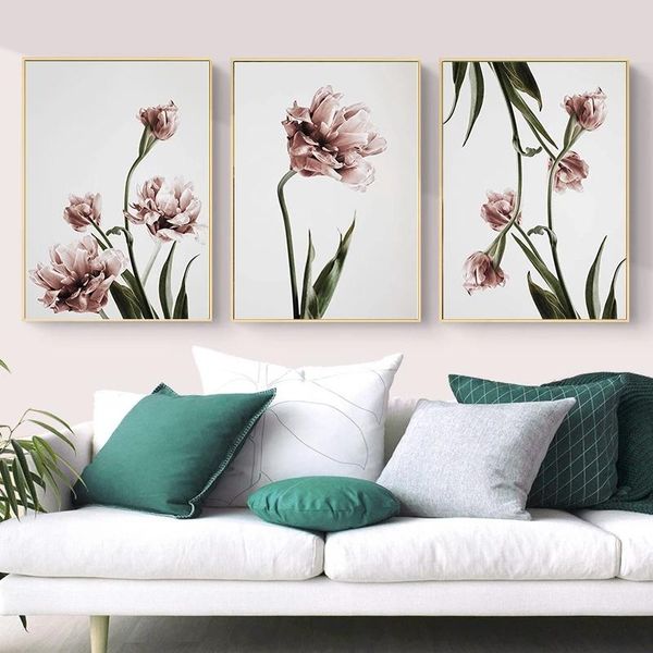 

paintings elegant pink green tulips botanical floral posters and prints canvas wall art pictures living room bedroom home decor