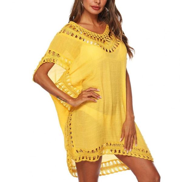 

women's swimwear women loose beach dress bikini cover up bat short sleeve hollow out v neck solid color for wear, White;black