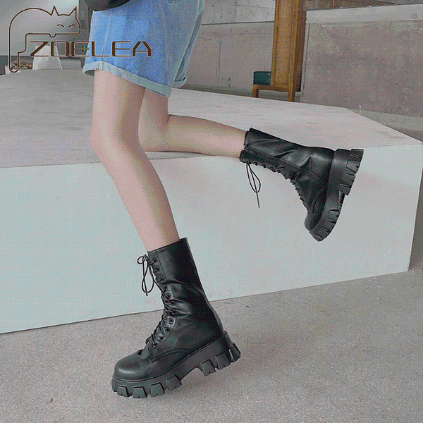 

boots fashion women cross strap pu leather autumn winter knee high ladies thick sole platform botas mujer mid-calf white, Black