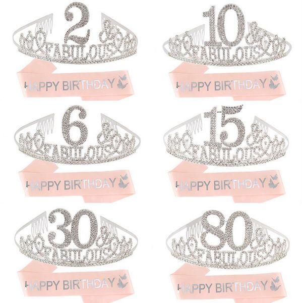 Set di tiara con fascia di compleanno Decorazione per feste per ragazze Cintura in oro rosa Corona di cristallo con strass Favoloso evento di festa Forniture per bomboniere 1°-18° 20° 30° 40° 50° 80°