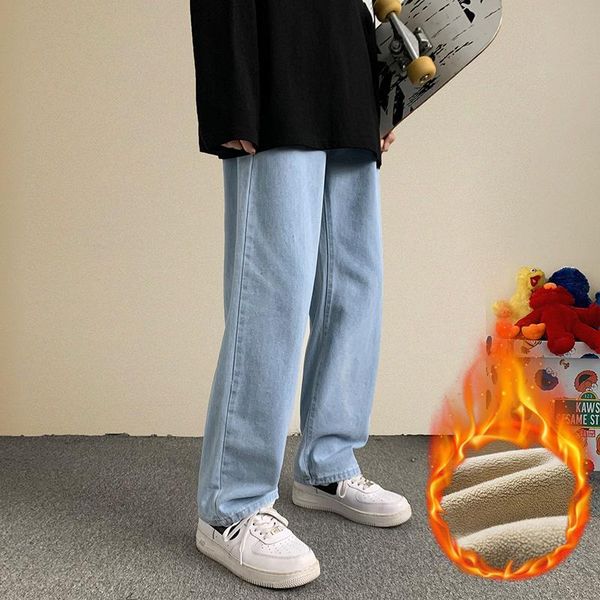

men's jeans winter fleece warm light blue baggy streetwear korean fashion loose and straight thick denim wide-leg pants male