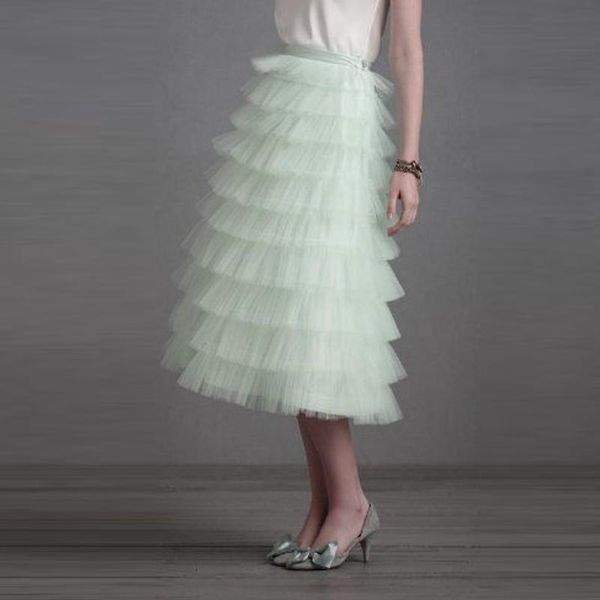 

skirts mint green tiered ruffles tulle women vintage 2021 custom made tea length zipper female skirt faldas saias, Black