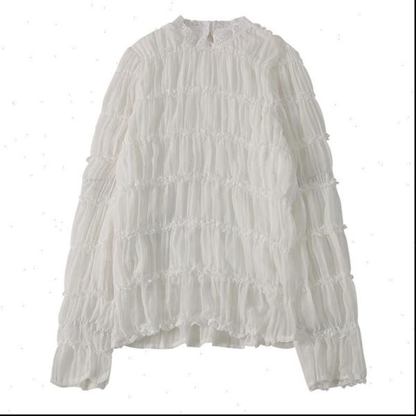 

women shirt perhaps u beige black solid lace chiffon patchwork o neck puff long sleeve blouse ins spring b0723, White