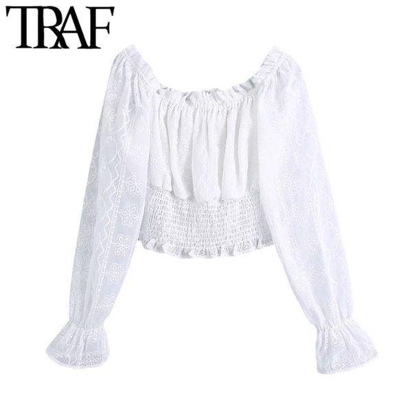 

women sweet fashion embroidery organza cropped blouses vintage long sleeve elastic hem female shirts chic 210507, White
