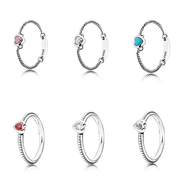 

classic fashion s925 heart-shaped silver ring with rose pink red blue spiritual original jewelry birthday engagement gift cluster rings, Golden;silver