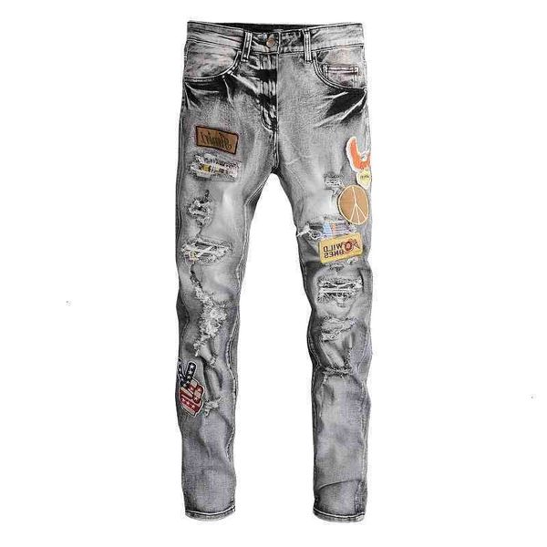 

brand 693 fashion high street am embroidered hole patch jeans ins personalized elastic tight legged, Blue