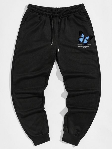 

romwe guys butterfly & slogan graphic sweatpants m10o#, Black