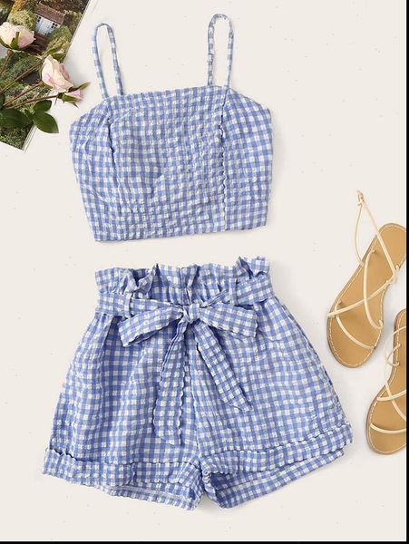 

womens tracksuits woman two piece set gingham bubble lattice sling crop shorts pullover above knee, mini elastic waist casual, Gray