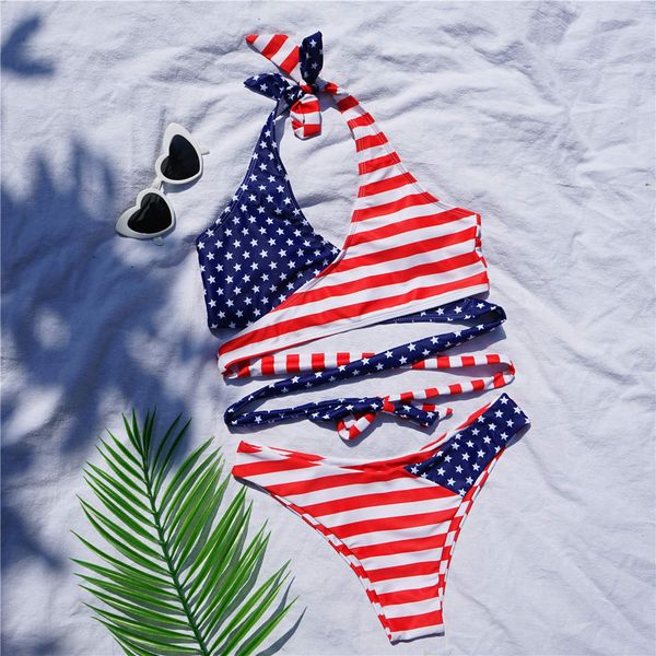 

new 2021 halter flag bikini women swimwear female swimsuit two-pieces bikini set brazilian bather bathing suit swim k2373