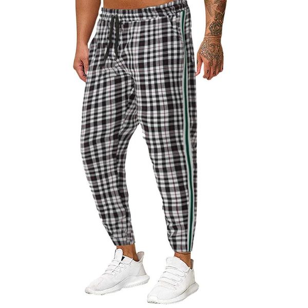 

men's pants nice rope plaid sports trousers mens joggers multi-pocket elastic waist sweatpants brand male, Black