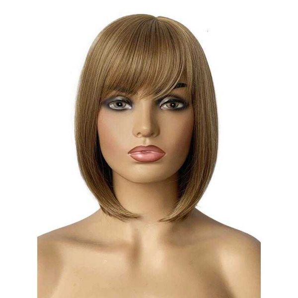 

long straight hair golden brown oblique bangs flax simulated scalp wig, Black
