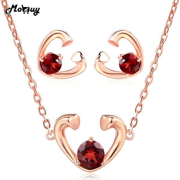

mobuy love heart natural garnet gemstone 2pcs jewelry sets 100% 925 sterling silver for women fine v015en bracelet, earrings & necklace, Black