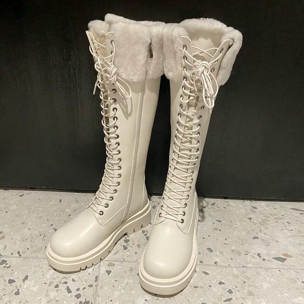 

boots cross-tied fashion women knee high winter warm thick plush round toe platforms casual shoes woman wool decoration, Black