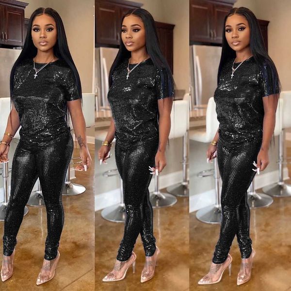 

women's shorts shorts spring/autumn women set short sleeve t-shirt + two-piece suit fashion sequin pullover pencil pants lady casual xy, White;black