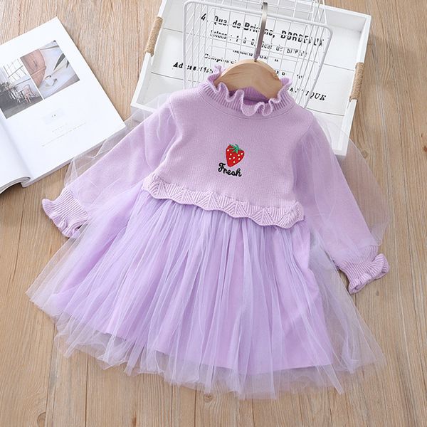 

girls knitted dress autumn winter children's clothing puff sleeve mesh stitching strawberry party baby girl princess 210515, Red;yellow
