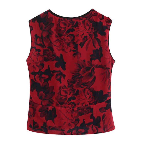 Китайский стиль цветочные печатные футболки женщины мода o шеи топы элегантные дамы без рукавов короткие тройники 210520