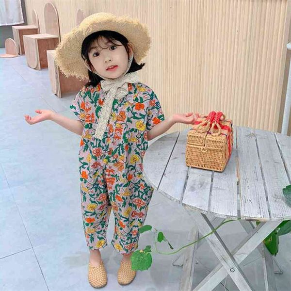 Meninas Jumpsuit Roupas Verão Floral Macacões Casuais Japanes Palisuit Coreano Bebê Crianças Roupas 210625