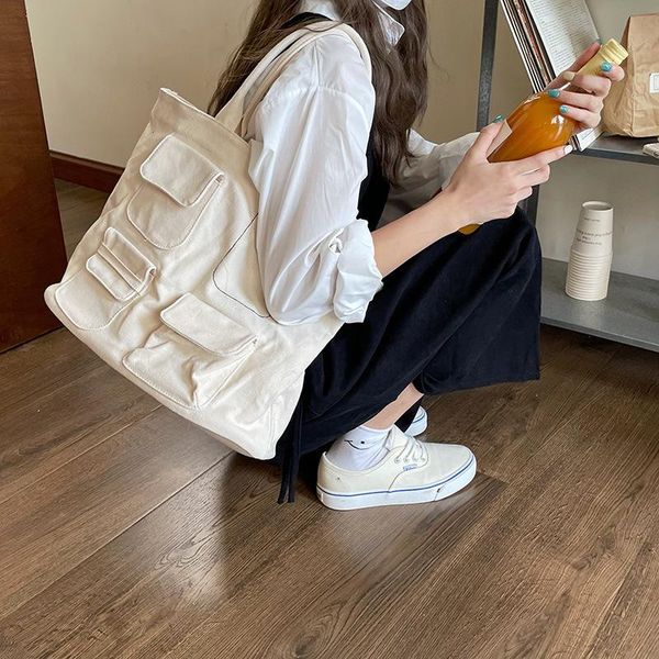 

evening bags korean casual canvas handbag multi-pocket large capacity one-shoulder tote bag fashion solid color trend