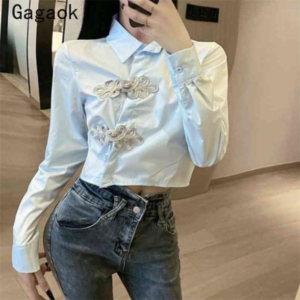 

blouse women chinese style spring autumn solid button lapel full short slim shirts fashion ladies wild blouses 210531, White