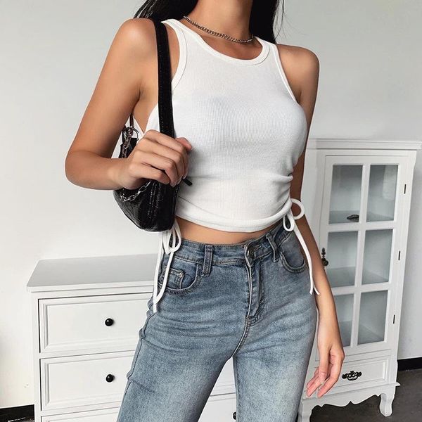 

women's tanks & camis women pleated tank lace up summer vest bow ruched pure color tee o neck casual crop black white ropa mujer