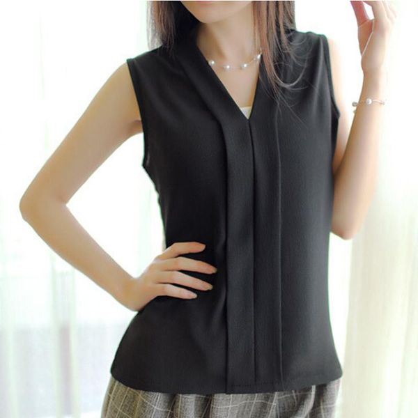 

women's blouses & shirts women casual chiffon blouse sleeveless shirt plus size white v-neck solid fashion office