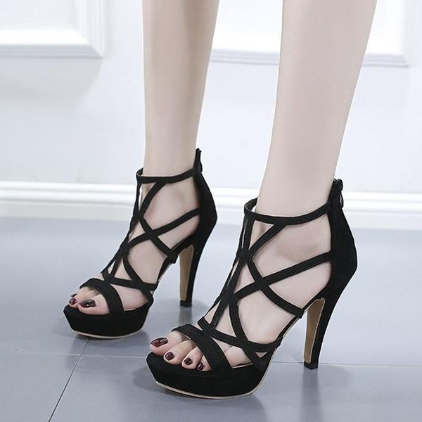 

open toe sandalias out high heels shoes woman zip plataforma summer sandals gladiator hollow mujer drop cross strap, Black