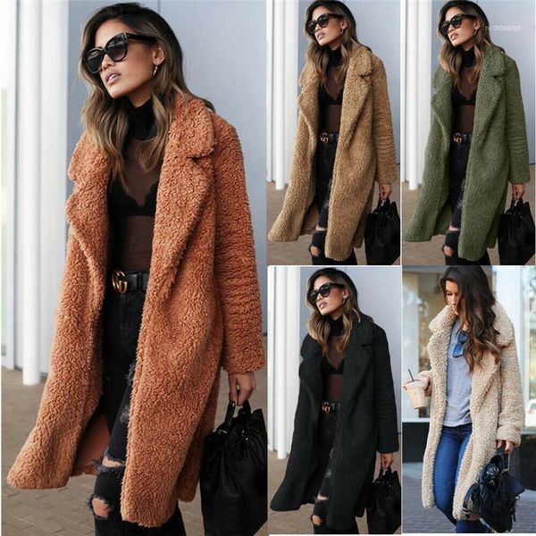 

women's wool & blends winter women teddy bear fur coat ladies knee long vintage jacket outwear blends1, Black