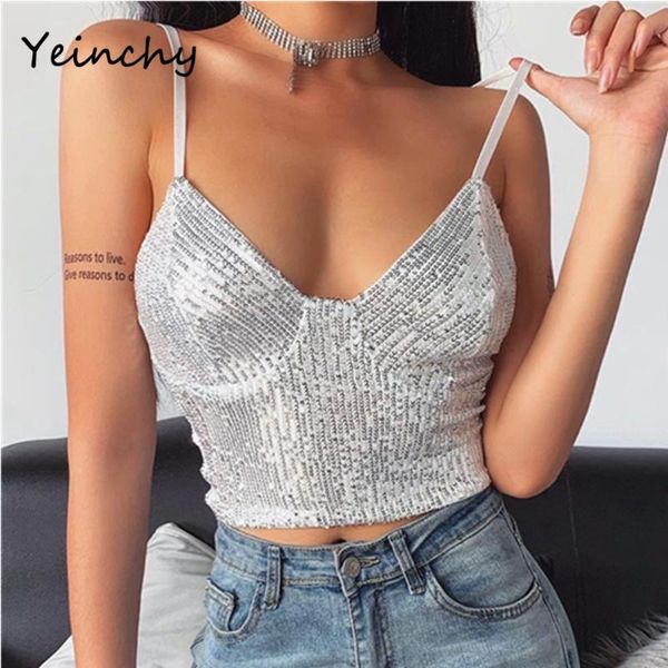 

women's t-shirt yeinchy women v neck backless straps sequin fm6226, White