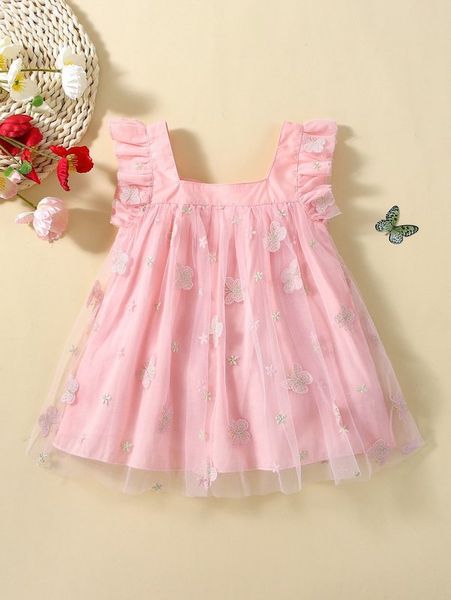 

baby butterfly embroidery ruffle trim mesh dress she, Red;yellow