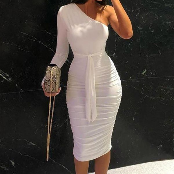 

white midi bodycon dress women one shoulder elegant bandage dress long sleeve spring autumn slim night club party dress, Black;white