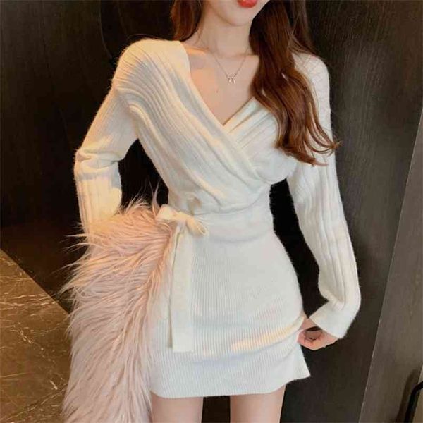 Chic Elegant Slim Cross V-Ausschnitt Lace Up Taille Strickkleid Wrap Hip Sweater Short Casual Vintage Wild Spring Bodycon 210514