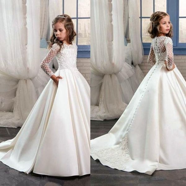

white satin flower girl dresses a-line floor-length short sleeve girls pageant first communion for girl's, Red;yellow