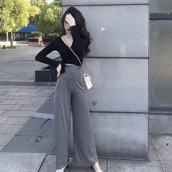 

women's pants & capris makuluya vertical long cozy modal comfortable elastic waist loose fashion women basic lithe trousers thin full l, Black;white