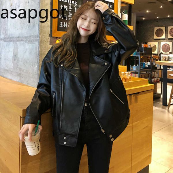 

asapgot autumn korean vintage moto biker streetwear wild black women leather jacket lapel long sleeve faux leather jacket women 210610