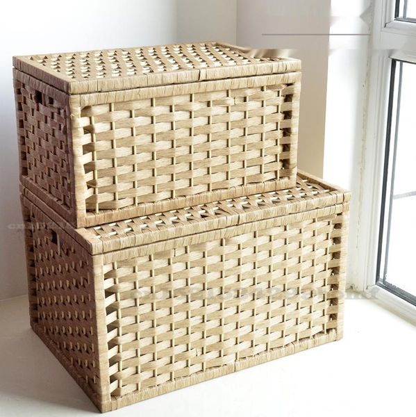 

storage baskets nordic straw basket handmade woven laundry retro rope handle with lid toys clothes s/l