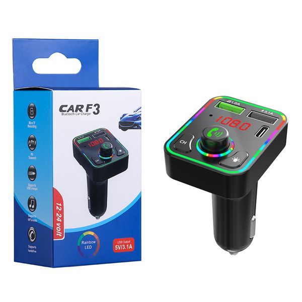 Car carregador F3 Bluetooth 5.0 FM Transmissor Kit Dual Adaptador USB Rápido Carregamento PD Tipo C Portas Handsfree Receptor de Áudio Sem Fio Automático Handsfree MP3 player