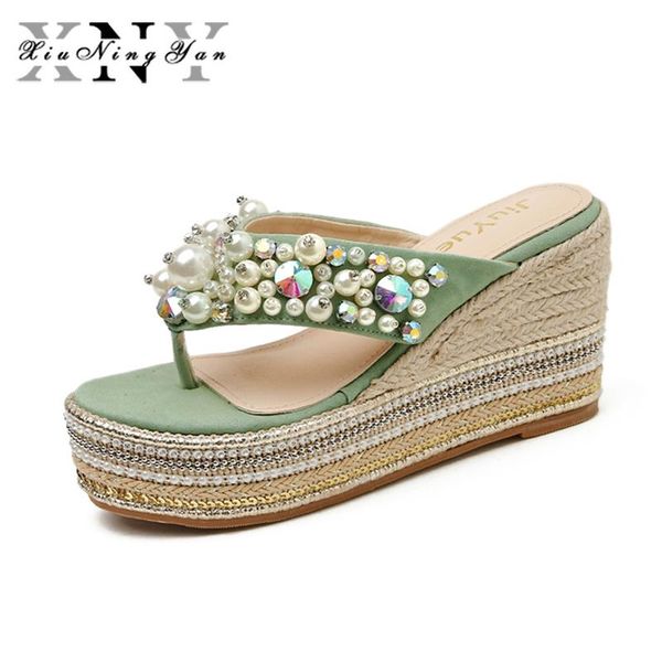 

women wedges sandals crystal 2021 summer rhinestone trifle wedge high heels platform slippers ladies pumps, Black