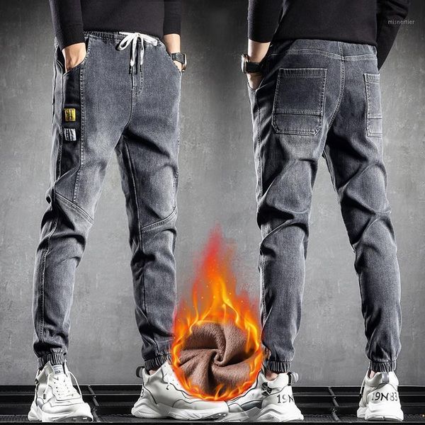 

men's jeans winter men stretch thick velvet pants warm casual fleece trousers male printed korean haren, Blue