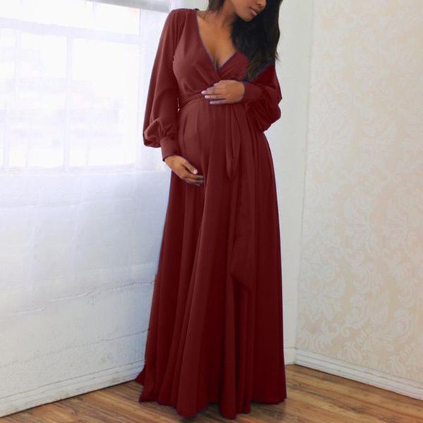 

maternity dresses women pregnant ruffles clothing lady frenulum dress v-neck long sleeve lace maxi gown, White