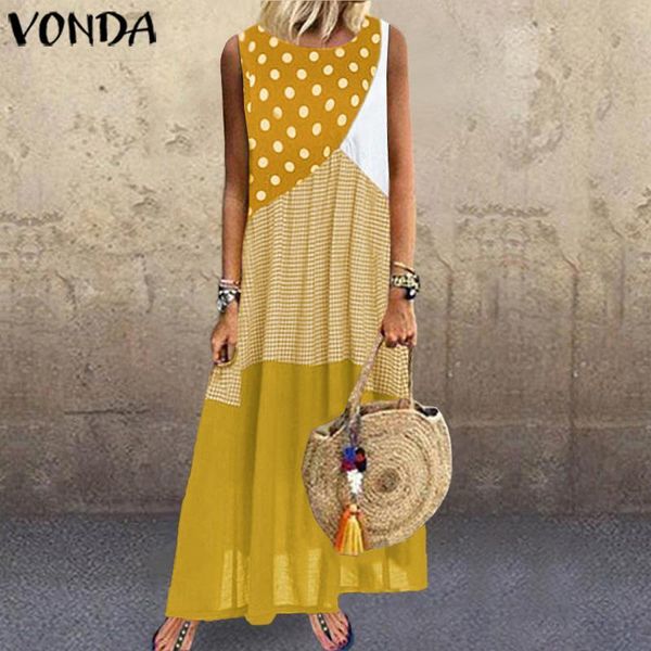 

casual dresses vonda women summer print sundress sleeveless vintage bohemian polka dot maxi female patchwork vestidos robe 1mif, Black;gray