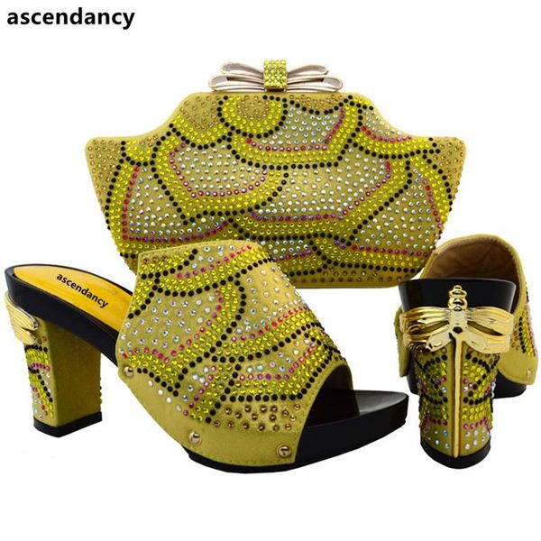 

gold color african shoes and matching bags italian to match with bag set decorated rhinestone dress, Black